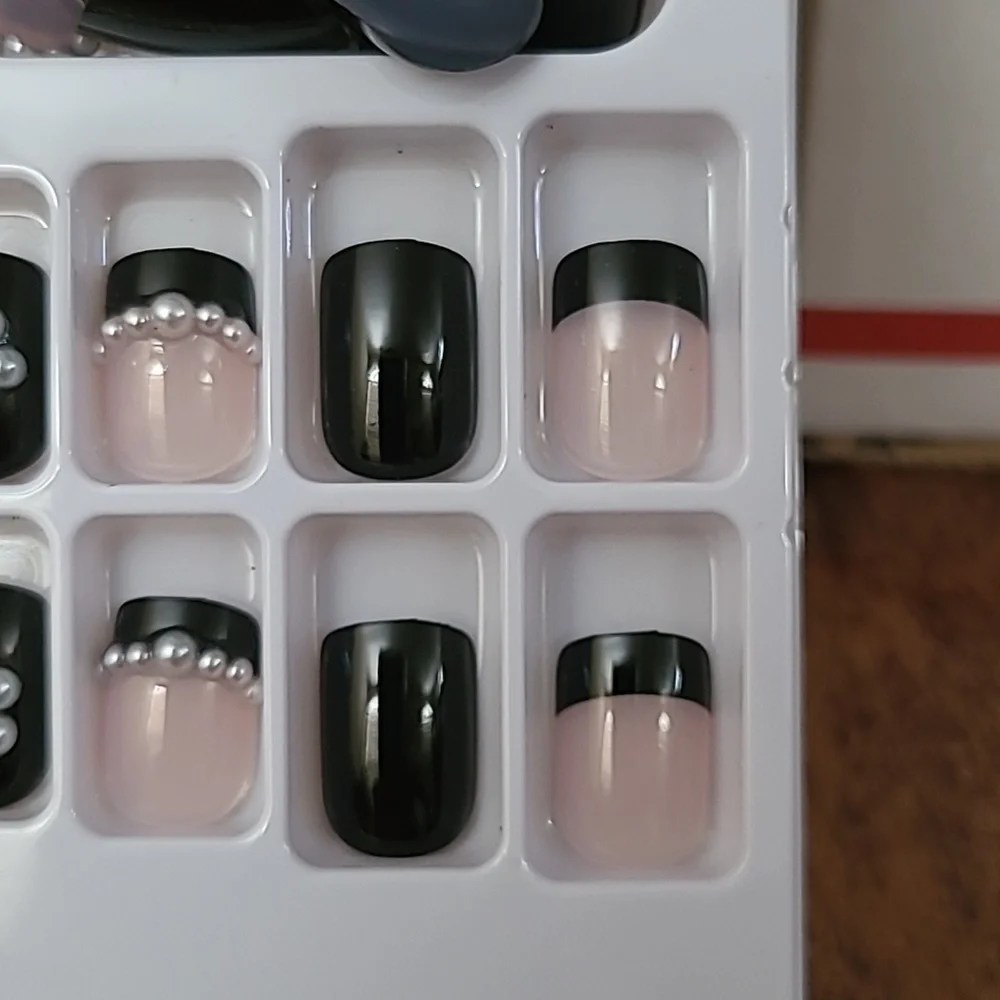 2/$16 3D Pearl Black French Tip Manicure Press On Nails